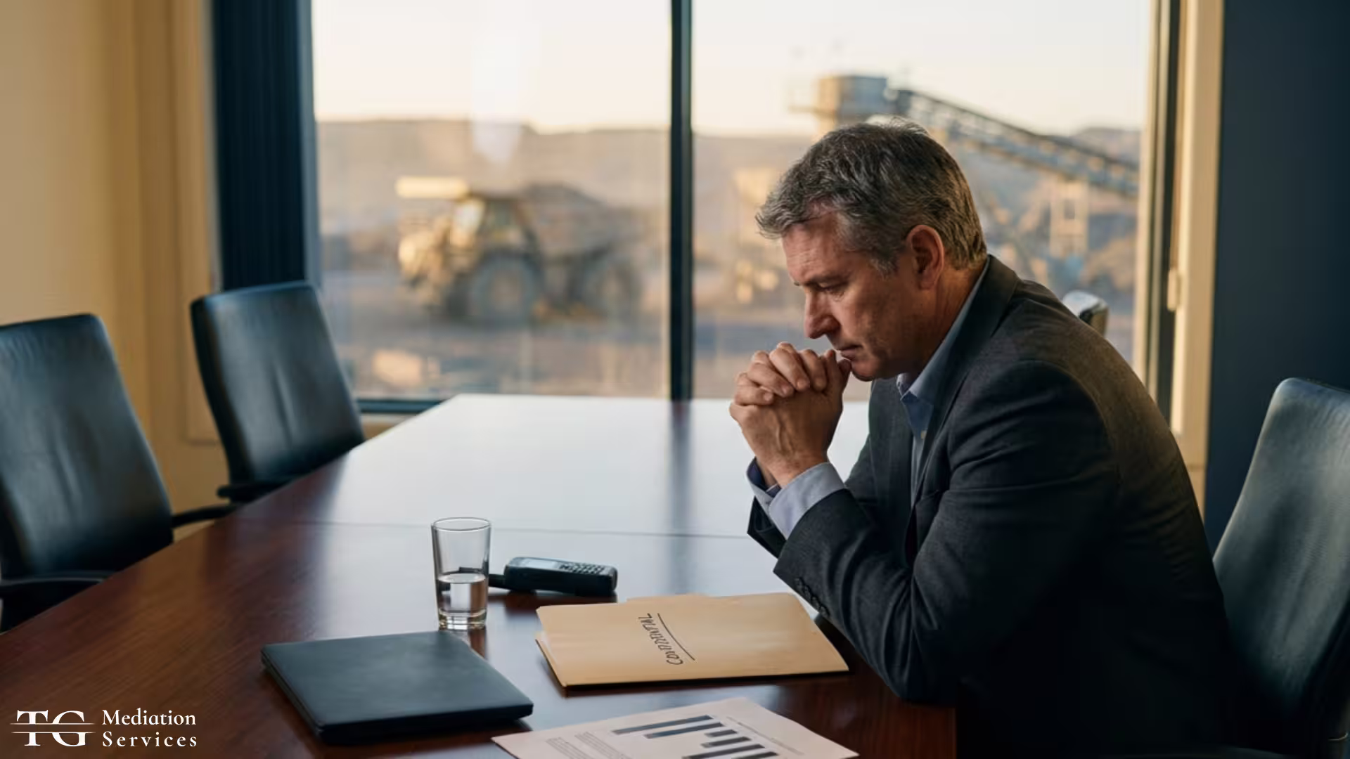 Mining executive seated alone in a boardroom beside a confidential file, considering whether to call an external mediator