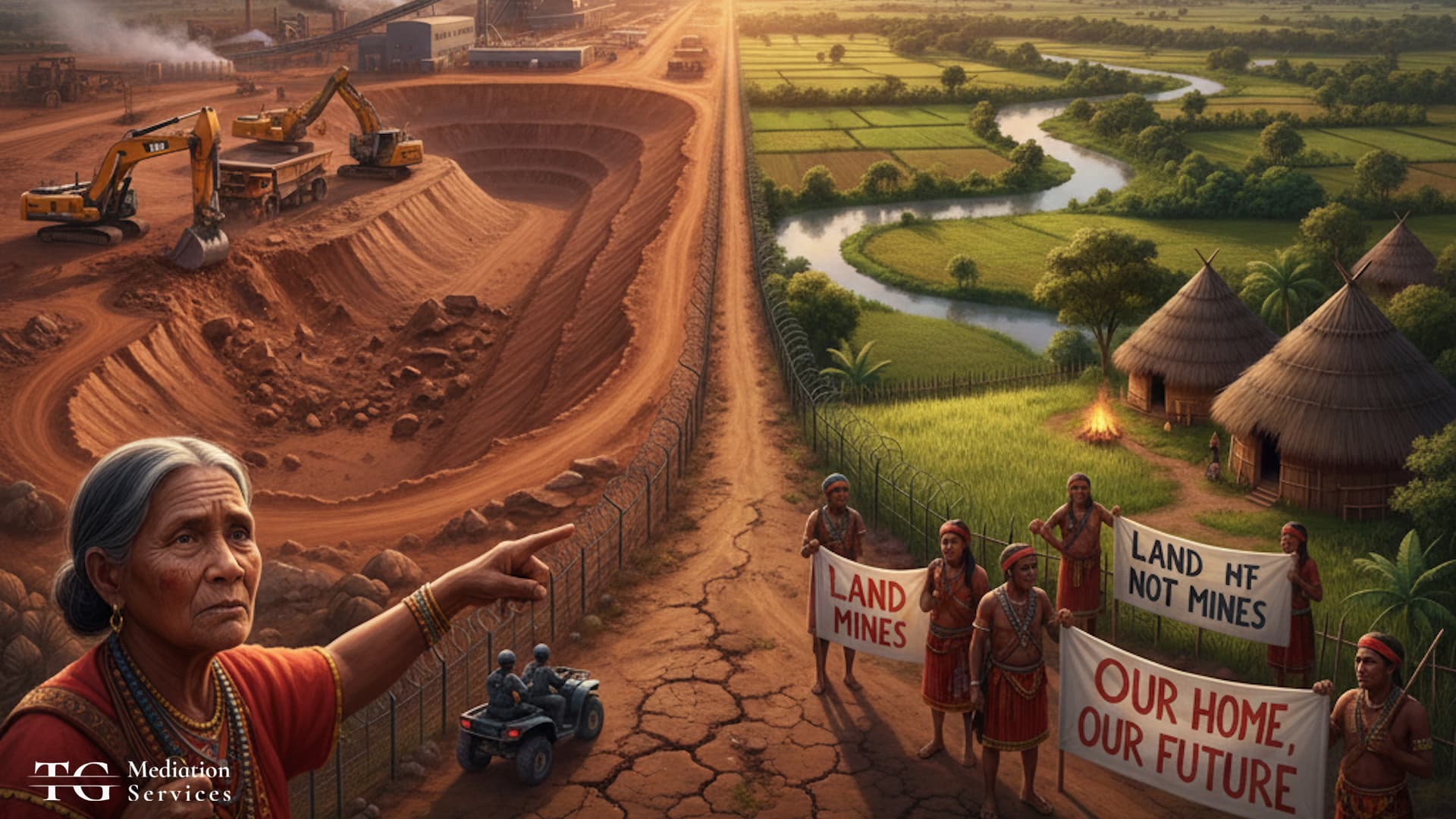 Mining operation and indigenous community land access dispute with protest signs