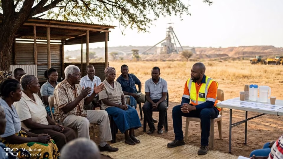 Community leaders meet with a mining company representative near a project site to discuss delays.