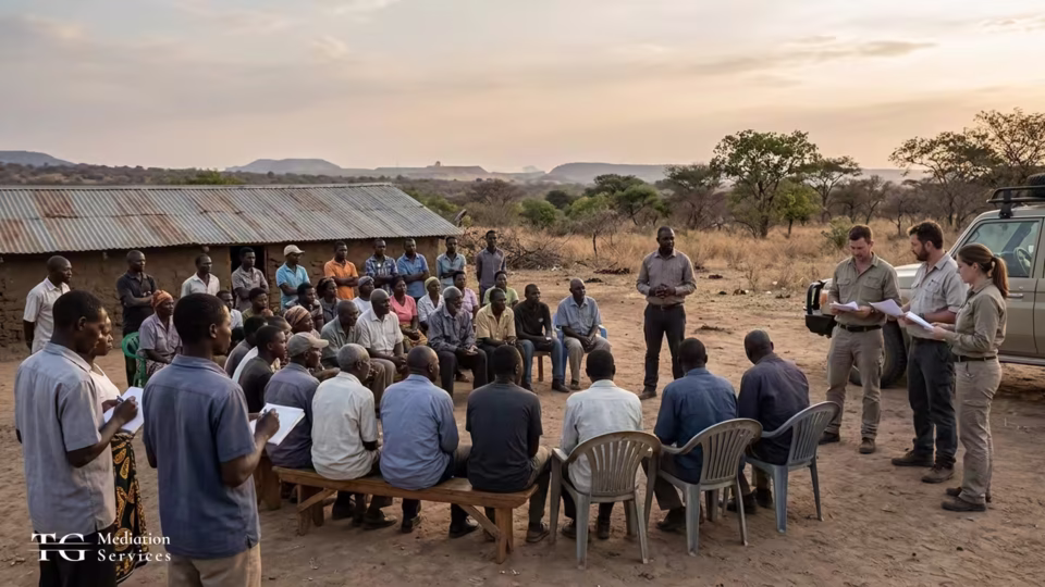 Mediator and mining representatives meeting with a large community group outside a rural settlement.
