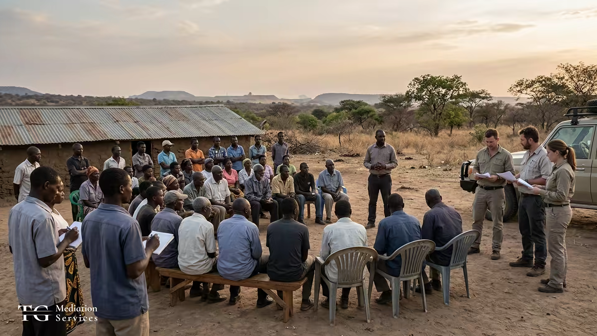 Mediator and mining representatives meeting with a large community group outside a rural settlement.