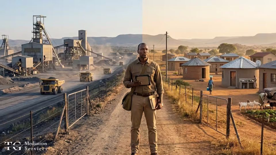 A social performance practitioner standing between a mining operation and a rural African community, symbolising the emotional weight of mediating between corporate and community interests.