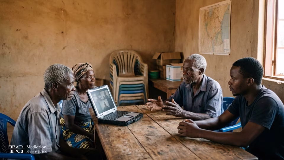 Community members discuss a video call on a laptop in a rural meeting room.