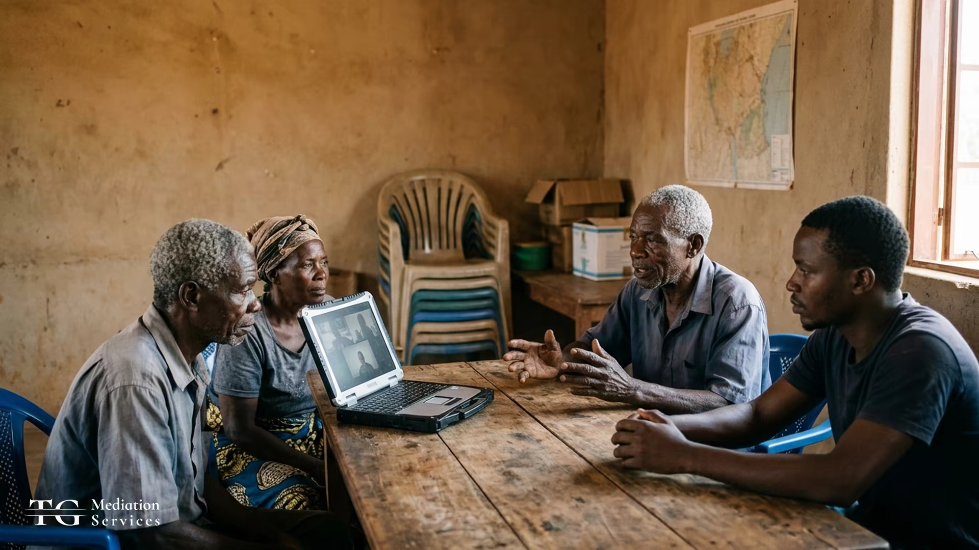 Community members discuss a video call on a laptop in a rural meeting room.