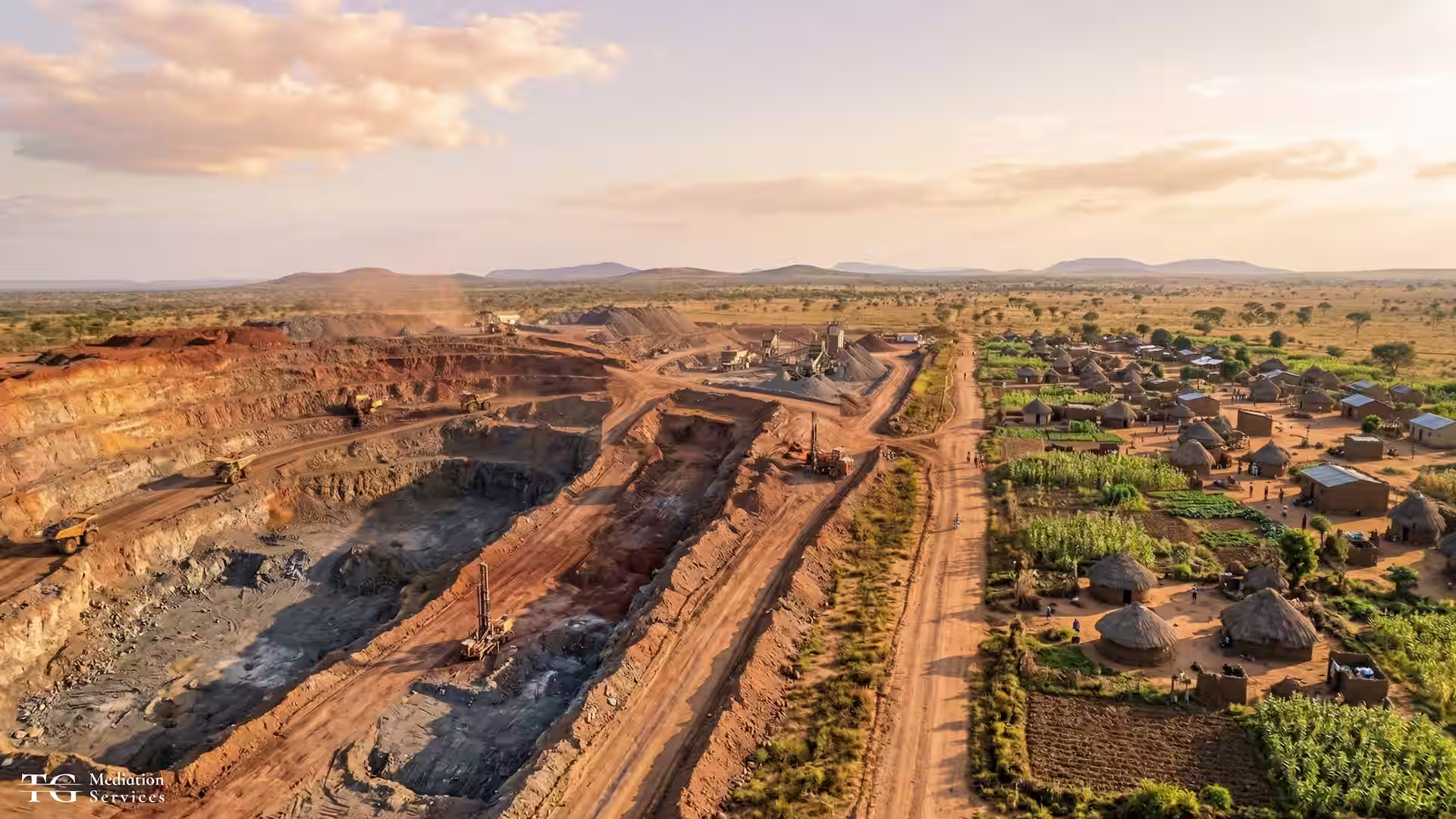 Aerial view of a large open-pit mine directly adjacent to a rural village, showing the abrupt boundary between industrial extraction operations and traditional community housing, agricultural land, and daily life.