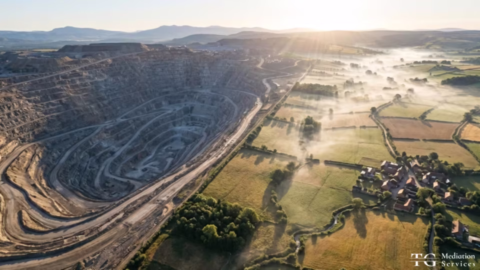 Aerial view of a large terraced open-pit mine directly adjacent to green agricultural fields, hedgerows, and a small rural village, with morning mist drifting across the farmland at sunrise.