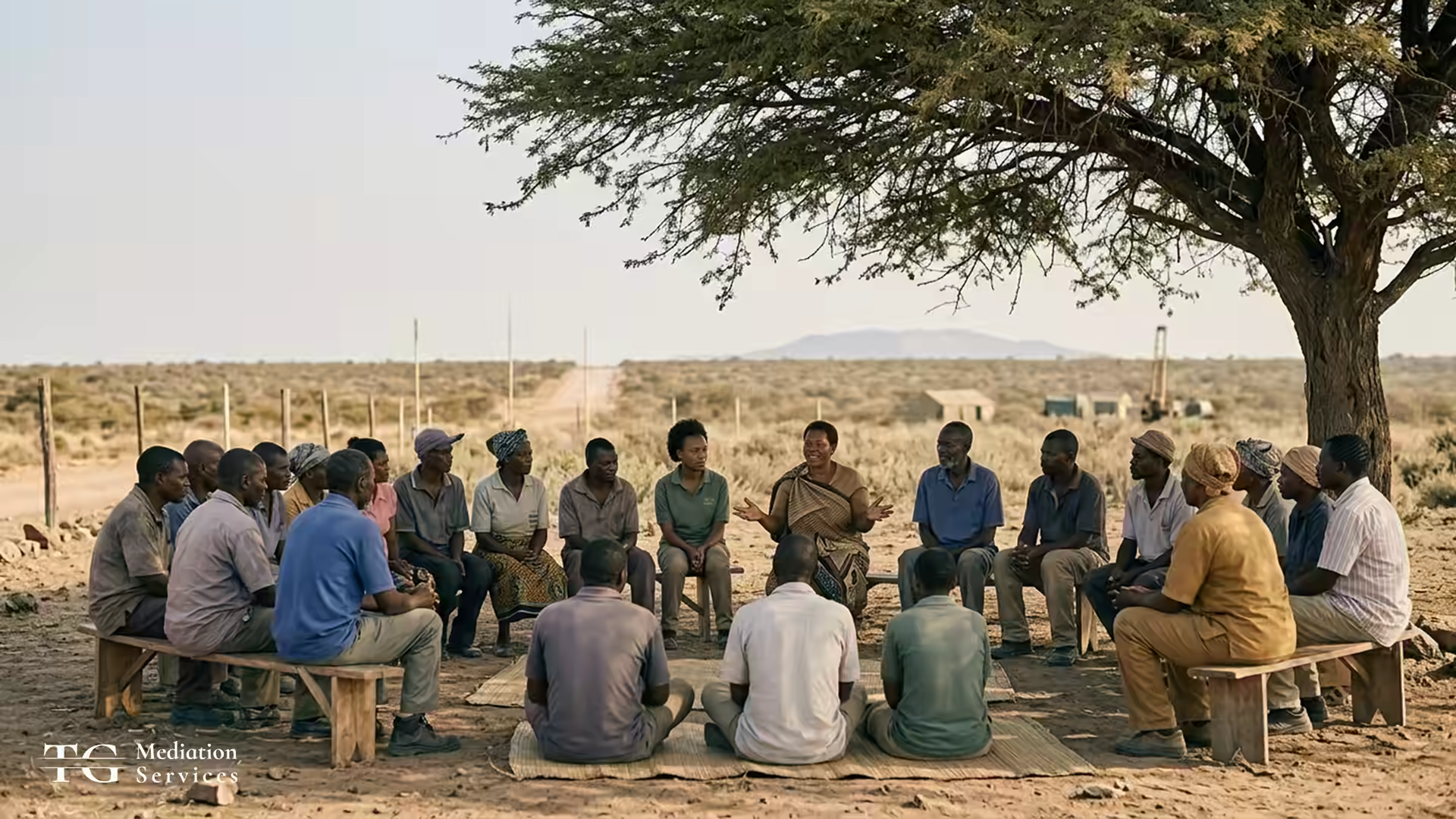 Community members sit in a circle beneath a tree during a facilitated consultation in a dry rural landscape.