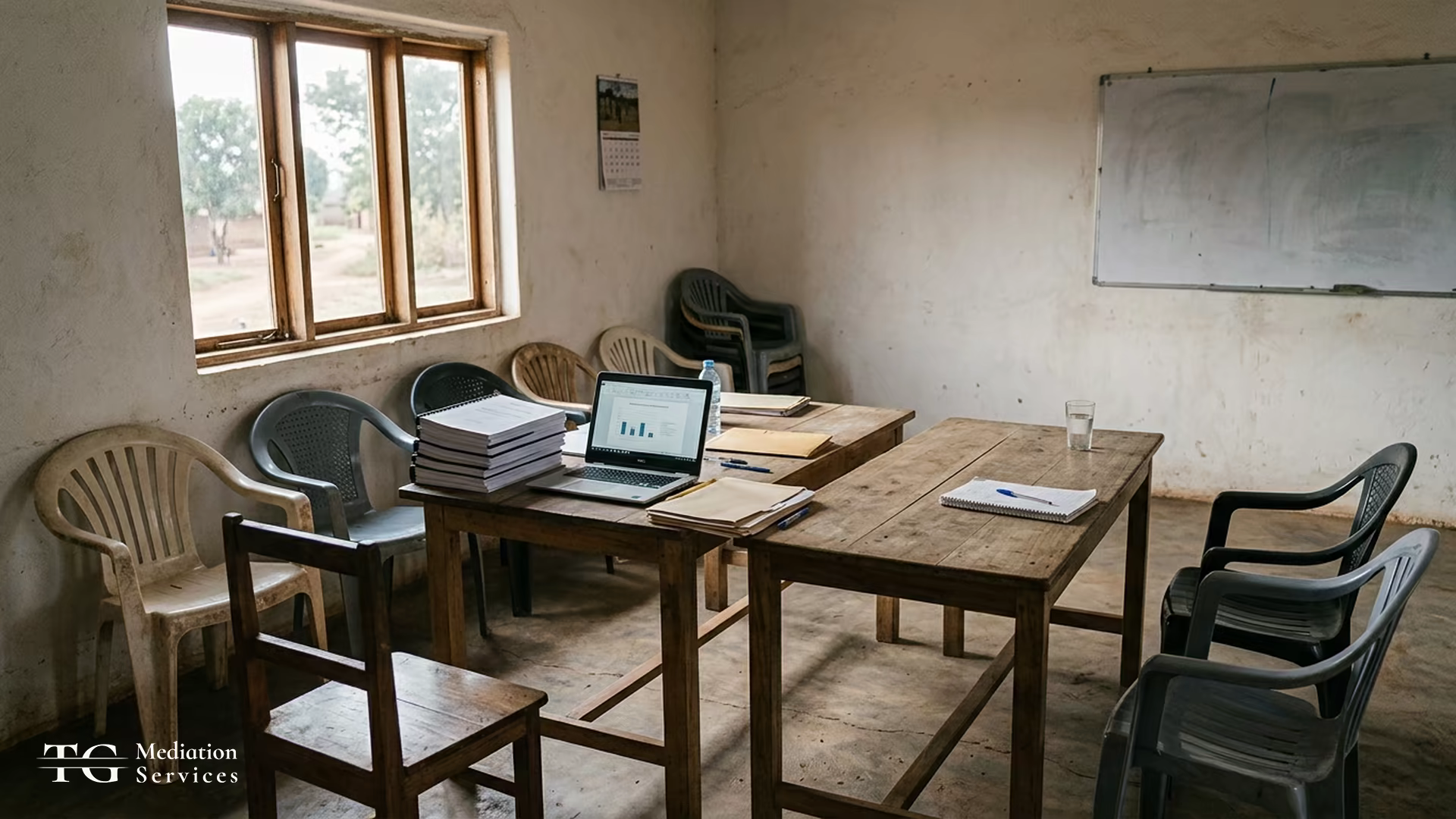 Empty community meeting room with tables, chairs, laptop, and documents prepared for mediation.