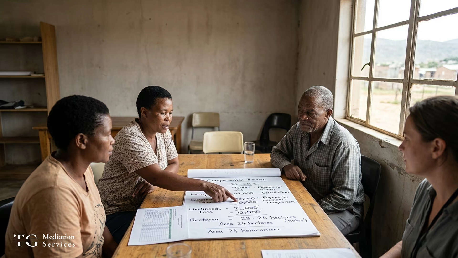 Community members and mediator reviewing handwritten compensation figures and documents around a table.