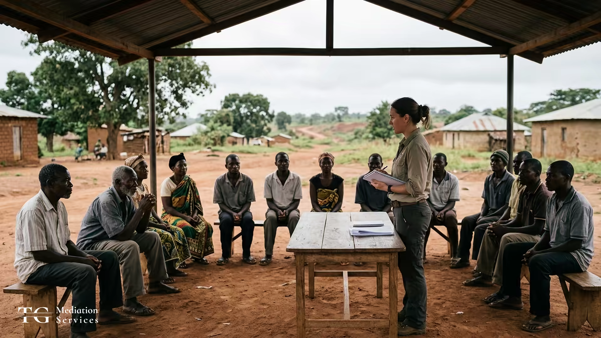 Community members and a neutral facilitator seated in a semicircle reviewing a printed consultation document at an outdoor mining-affected village meeting.