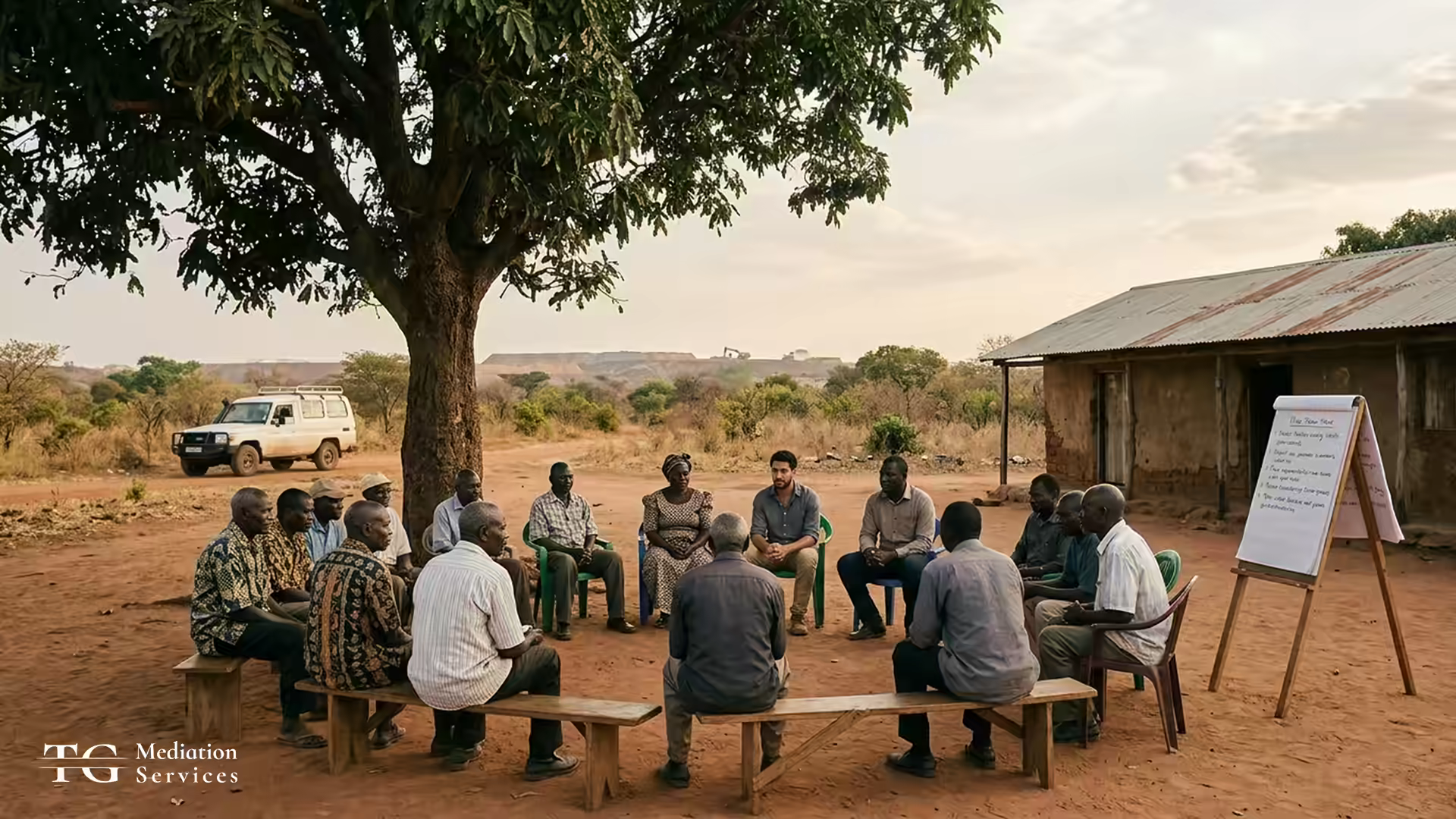 Community and company representatives sit in a circle outdoors near a mine, with a flip chart.