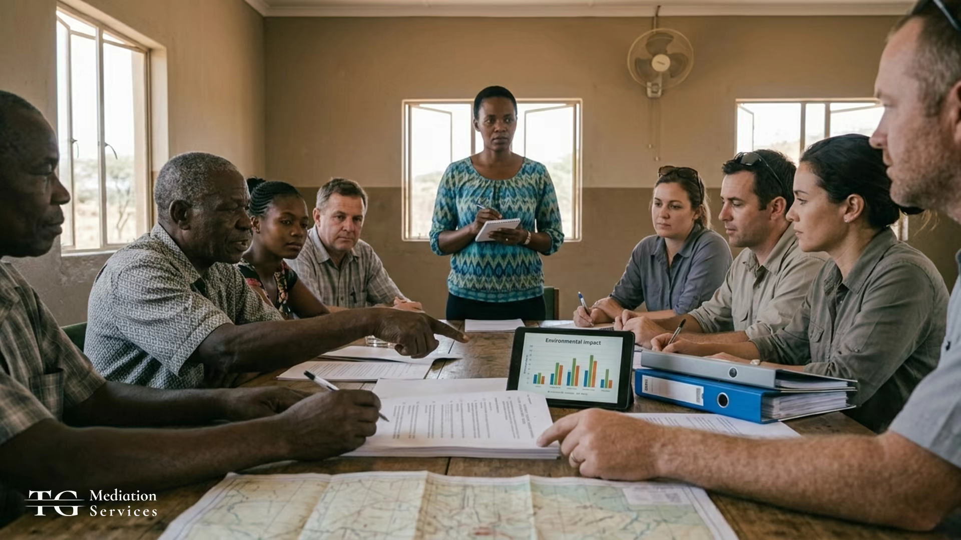 Community and company representatives review documents and environmental impact data during an indoor negotiation meeting.
