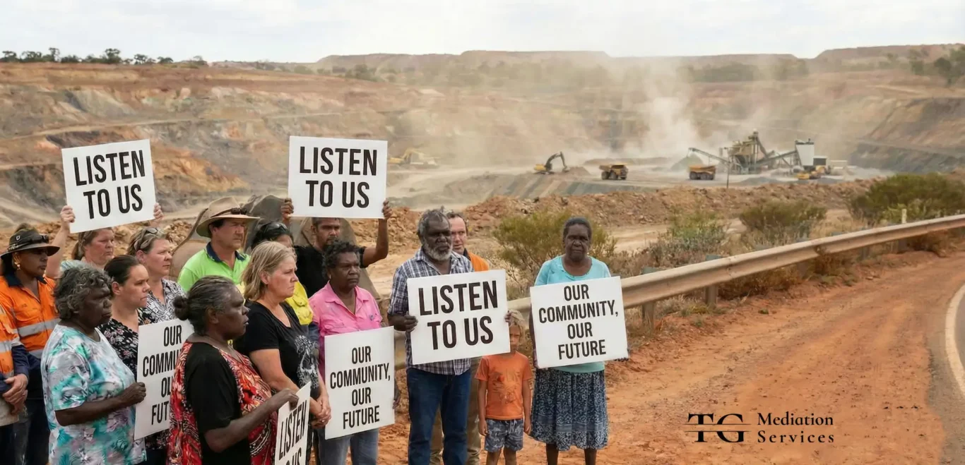 A realistic illustration of a diverse community group standing on a dirt road holding protest signs that read "Listen to Us" and "Our Community, Our Future." They are engaging in a tense but civil discussion with a company representative wearing a hard hat and high-visibility safety gear. In the distant background, a large-scale mining operation with heavy machinery and excavators is visible against a dusty landscape.