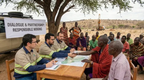 Mining company representatives shaking hands with a local community leader at an outdoor meeting table covered with maps. A diverse group of community members, including women and elders, watches the negotiation. In the background, a drilling rig operates near a banner that reads "Dialogue and Partnership: Responsible Mining".