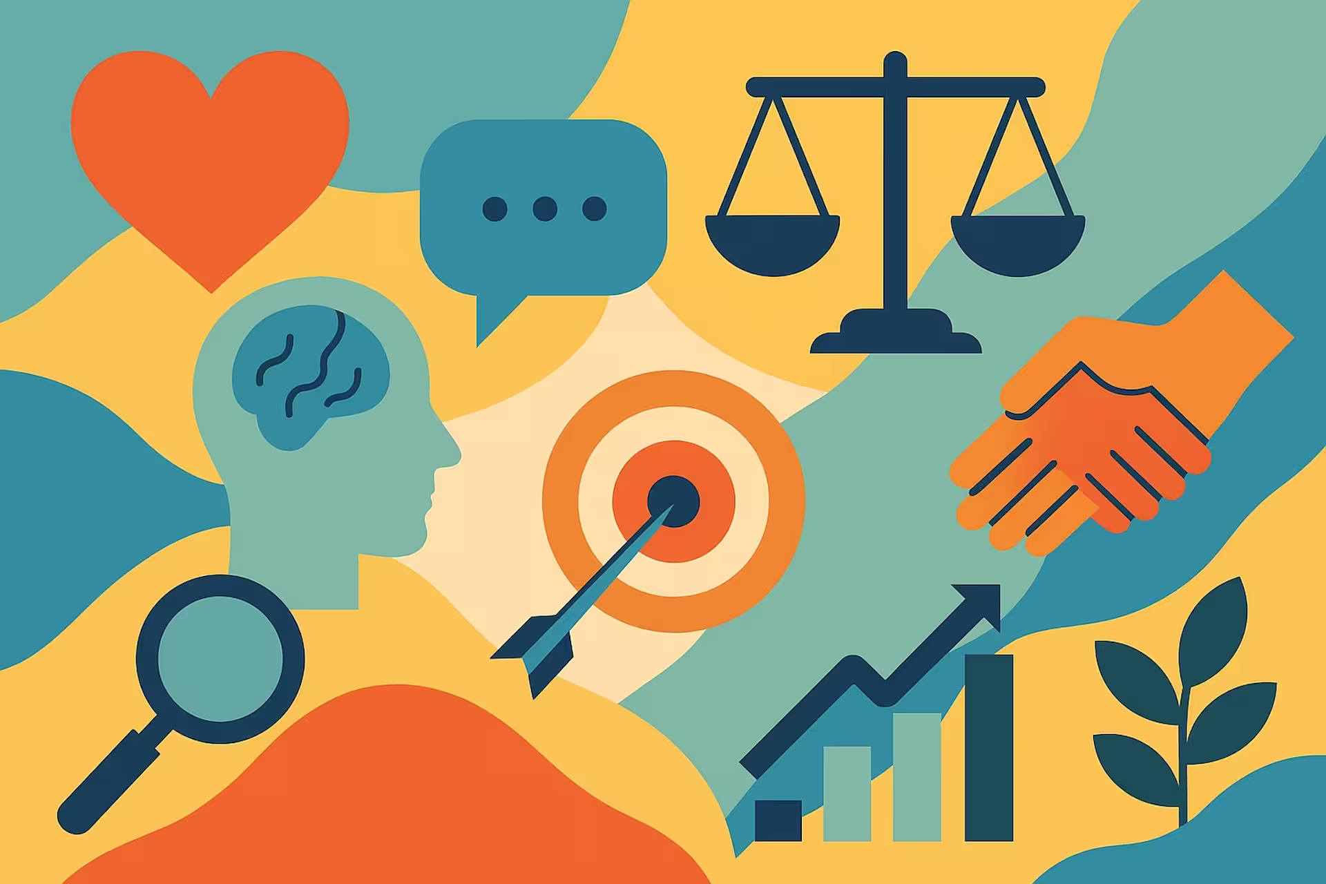 Colorful ESG-style illustration featuring icons representing the core qualities of effective mediators, including empathy, balance, communication, curiosity, and strategic thinking.