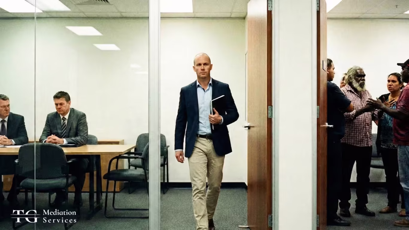 A mediator walks between two separate rooms, one holding suited corporate representatives, the other a group of Indigenous community members, illustrating the shuttle diplomacy process in an extractive industry dispute.