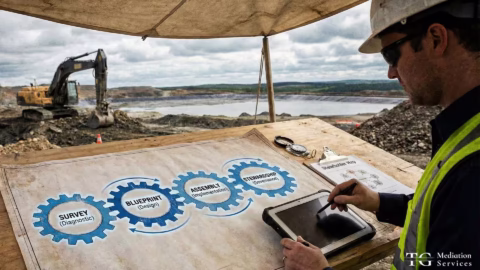 Diagram showing the four phases of the Accord Architecture Framework: Survey, Blueprint, Assembly, and Stewardship, with arrows indicating the progression from diagnostic assessment through process design, implementation, and ongoing governance.