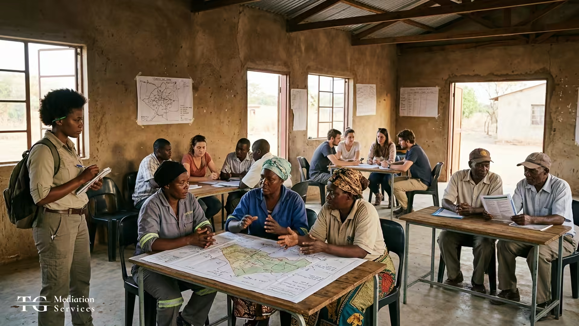 Distinct community groups review printed plans and a land map at separate tables in a Southern African community hall while a field facilitator listens.
