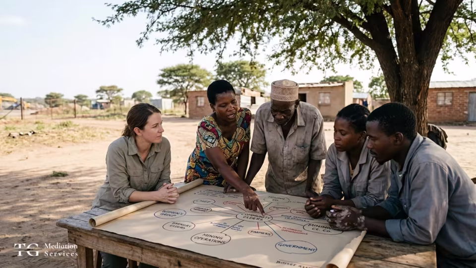 Community relations practitioner and community members around a table drawing a hand-made stakeholder relationship map on paper at a rural mining-affected settlement.