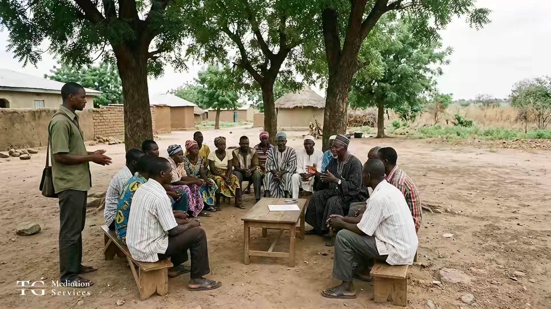 Traditional leader addressing a community meeting beneath trees in a rural village.